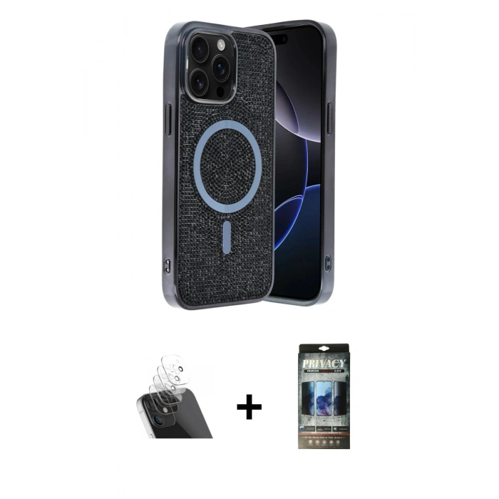 MARSİLYAN™- iPhone 12 Pro Kılıf Eksen Çizgi - Siyah 34D Hayalet Izgaralı Cam + Kamera Lens Koruma Cam - SF