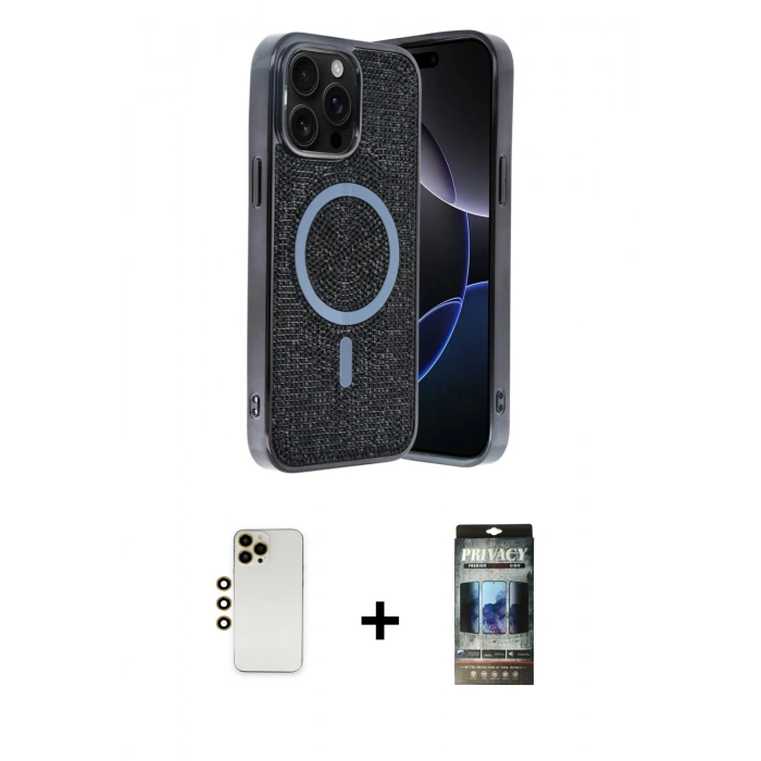 MARSİLYAN™- iPhone 12 Pro Kılıf Eksen Çizgi - Siyah 34D Hayalet Izgaralı Cam + Shine Kamera Lens - GD