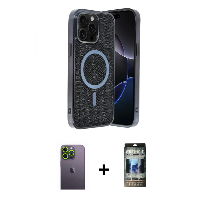 MARSİLYAN™- iPhone 12 Pro Kılıf Eksen Çizgi - Siyah 34D Hayalet Izgaralı Cam + Neon Fosforlu Kamera Lens - YL