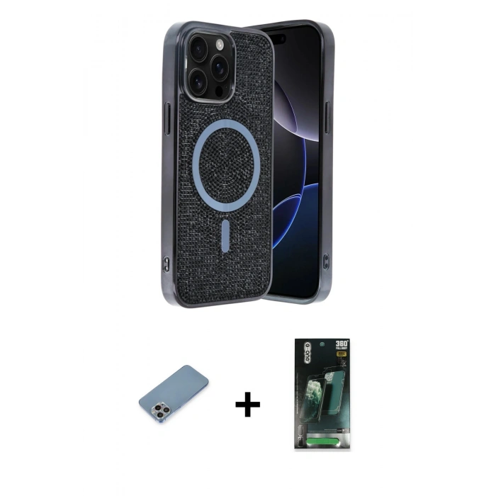 MARSİLYAN™- iPhone 12 Pro Kılıf Eksen Çizgi - Siyah 360 Mat Full Body Arka Koruyucu + Shine Kamera Lens Koruma Cam - GI