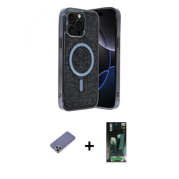 MARSİLYAN™- iPhone 12 Pro Kılıf Eksen Çizgi - Siyah 360 Mat Full Body Arka Koruyucu + Metal Kamera Lens Koruma Cam - GD