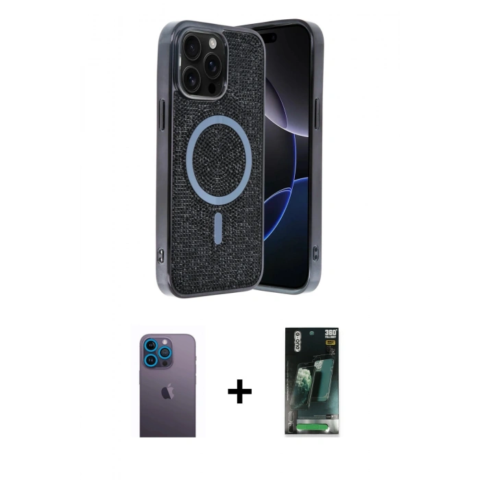 MARSİLYAN™- iPhone 12 Pro Kılıf Eksen Çizgi - Siyah 360 Mat Full Body Arka Koruyucu + Neon Fosforlu Kamera Lens - MI