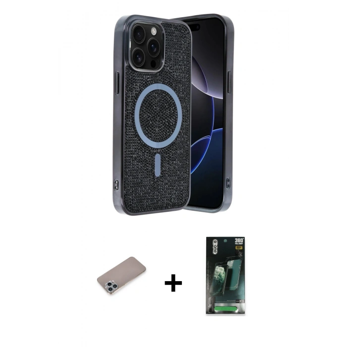 MARSİLYAN™- iPhone 12 Pro Kılıf Eksen Çizgi - Siyah 360 Mat Full Body Arka Koruyucu + Shine Kamera Lens Koruma Cam - SABE