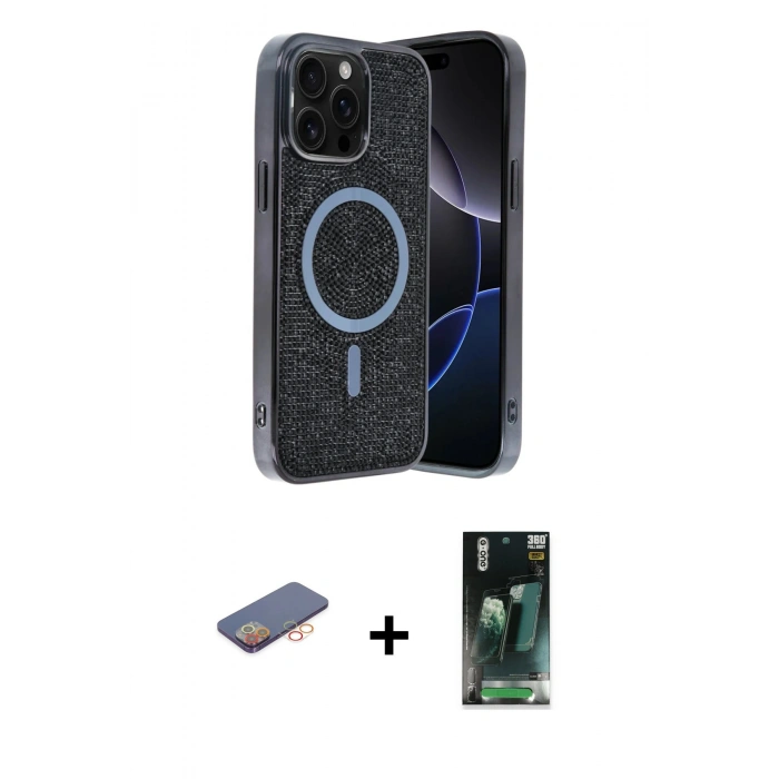 MARSİLYAN™- iPhone 12 Pro Kılıf Eksen Çizgi - Siyah 360 Mat Full Body Arka Koruyucu + Renkli Kamera Lens Koruma Cam - TU