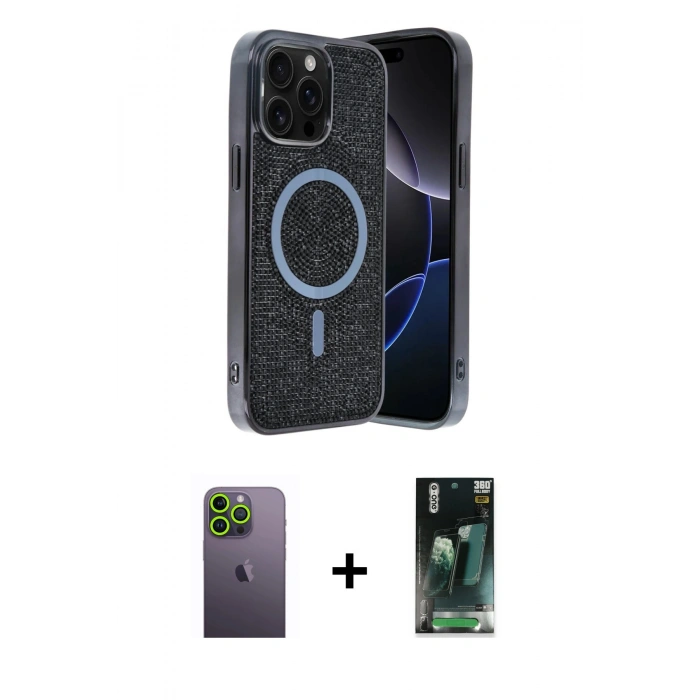 MARSİLYAN™- iPhone 12 Pro Kılıf Eksen Çizgi - Siyah 360 Mat Full Body Arka Koruyucu + Neon Fosforlu Kamera Lens - YL