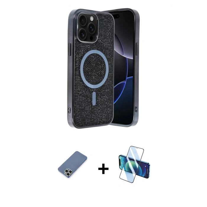 MARSİLYAN™- iPhone 12 Pro Kılıf Eksen Çizgi - Siyah 3D Antistatik Cam Ekran Koruyucu + Metal Kamera Lens Koruma Cam - AKYL