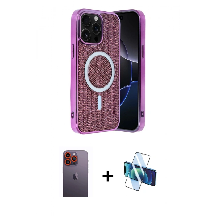 MARSİLYAN™- iPhone 12 Pro Kılıf Eksen Çizgi - Siyah 3D Antistatik Cam Ekran Koruyucu + Neon Fosforlu Kamera Lens - TU