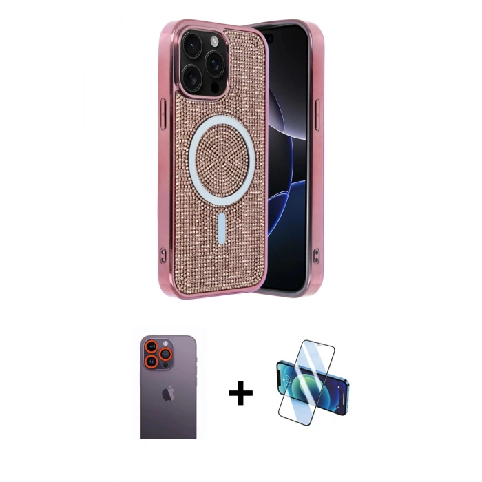 MARSİLYAN™- iPhone 12 Pro Kılıf Eksen Çizgi - Siyah 3D Antistatik Cam Ekran Koruyucu + Neon Fosforlu Kamera Lens - TU