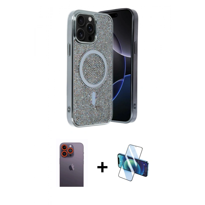 MARSİLYAN™- iPhone 12 Pro Kılıf Eksen Çizgi - Siyah 3D Antistatik Cam Ekran Koruyucu + Neon Fosforlu Kamera Lens - TU