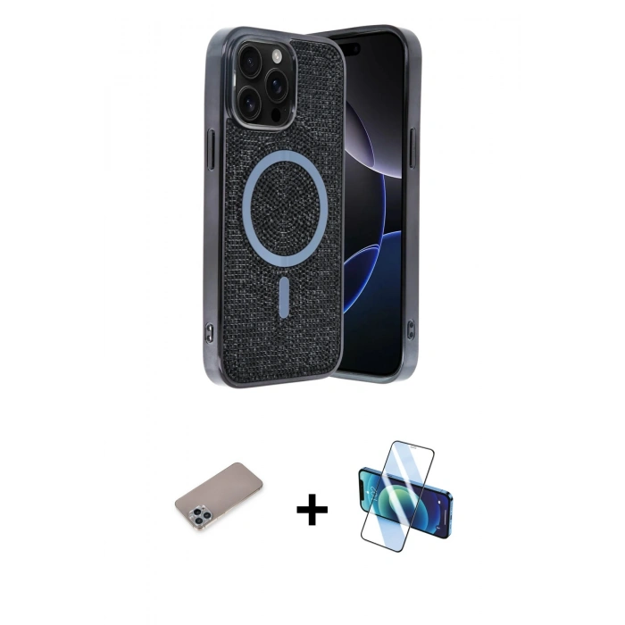 MARSİLYAN™- iPhone 12 Pro Kılıf Eksen Çizgi - Siyah 3D Antistatik Cam Ekran Koruyucu + Shine Kamera Lens Koruma Cam - SABE