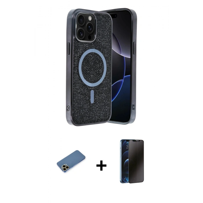 MARSİLYAN™- iPhone 12 Pro Kılıf Eksen Çizgi - Siyah 3D Antistatik Hayalet Cam Ekran Koruyucu + Shine Kamera Lens Koruma Cam - GD