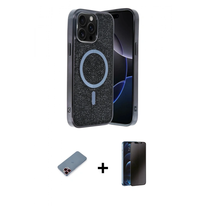 MARSİLYAN™- iPhone 12 Pro Kılıf Eksen Çizgi - Siyah 3D Antistatik Hayalet Cam Ekran Koruyucu + Metal Kamera Lens Koruma Cam - KI
