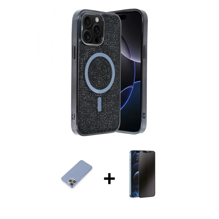 MARSİLYAN™- iPhone 12 Pro Kılıf Eksen Çizgi - Siyah 3D Antistatik Hayalet Cam Ekran Koruyucu + Metal Kamera Lens Koruma Cam - KUYL