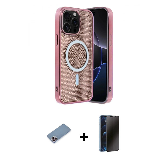 MARSİLYAN™- iPhone 12 Pro Kılıf Eksen Çizgi - Siyah 3D Antistatik Hayalet Cam Ekran Koruyucu + Pembe Shine Kamera Lens Koruma Cam