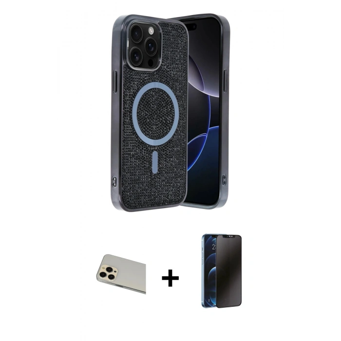 MARSİLYAN™- iPhone 12 Pro Kılıf Eksen Çizgi - Siyah 3D Antistatik Hayalet Cam Ekran Koruyucu + Rainbow Kamera Lens Koruma Cam - GD