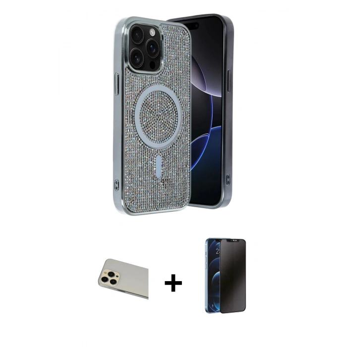 MARSİLYAN™- iPhone 12 Pro Kılıf Eksen Çizgi - Siyah 3D Antistatik Hayalet Cam Ekran Koruyucu + Rainbow Kamera Lens Koruma Cam - GD