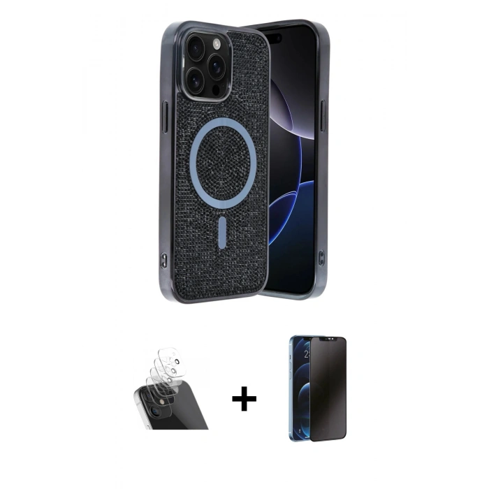 MARSİLYAN™- iPhone 12 Pro Kılıf Eksen Çizgi - Siyah 3D Antistatik Hayalet Cam Ekran Koruyucu + Kamera Lens Koruma Cam - SF