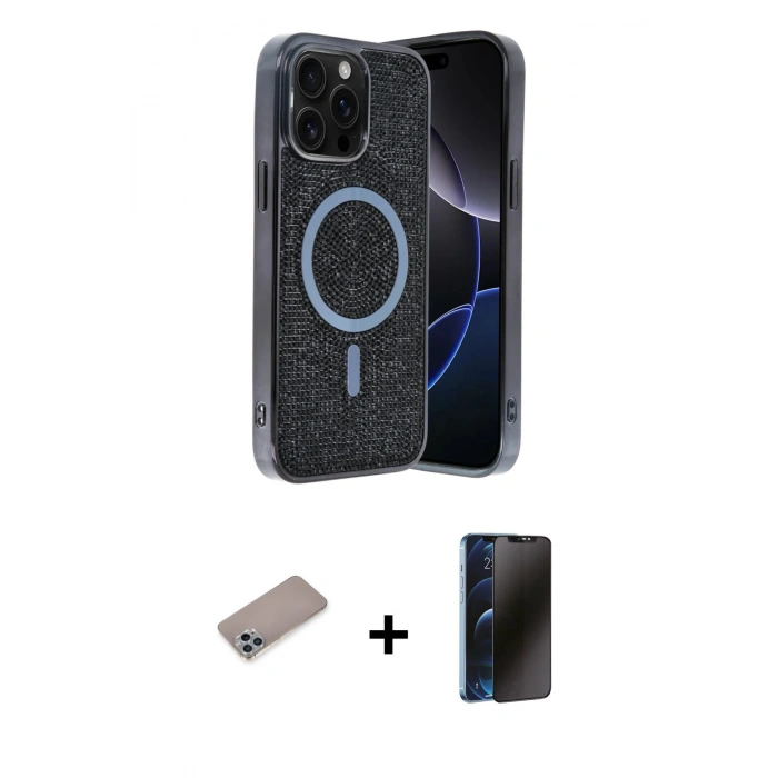 MARSİLYAN™- iPhone 12 Pro Kılıf Eksen Çizgi - Siyah 3D Antistatik Hayalet Cam Ekran Koruyucu + Shine Kamera Lens Koruma Cam - SABE