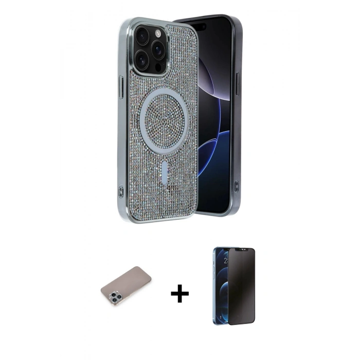 MARSİLYAN™- iPhone 12 Pro Kılıf Eksen Çizgi - Siyah 3D Antistatik Hayalet Cam Ekran Koruyucu + Shine Kamera Lens Koruma Cam - SABE