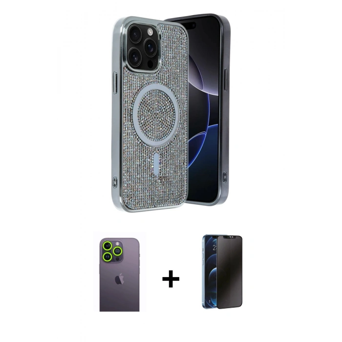 MARSİLYAN™- iPhone 12 Pro Kılıf Eksen Çizgi - Siyah 3D Antistatik Hayalet Cam Ekran Koruyucu + Neon Fosforlu Kamera Lens - YL