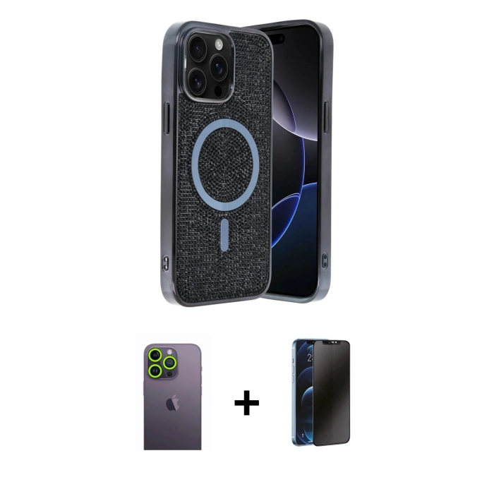 MARSİLYAN™- iPhone 12 Pro Kılıf Eksen Çizgi - Siyah 3D Antistatik Hayalet Cam Ekran Koruyucu + Neon Fosforlu Kamera Lens - YL