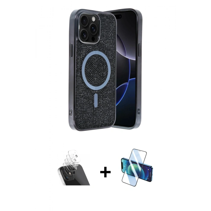 MARSİLYAN™- iPhone 12 Pro Kılıf Eksen Çizgi - Siyah 3D Antistatik Seramik Nano Ekran Koruyucu + Kamera Lens Koruma Cam - SF