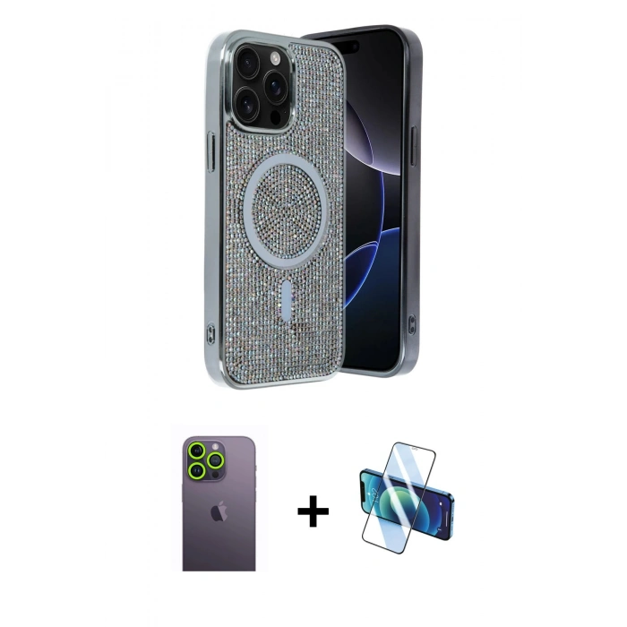 MARSİLYAN™- iPhone 12 Pro Kılıf Eksen Çizgi - Siyah 3D Antistatik Seramik Nano Ekran Koruyucu + Neon Fosforlu Kamera Lens - YL