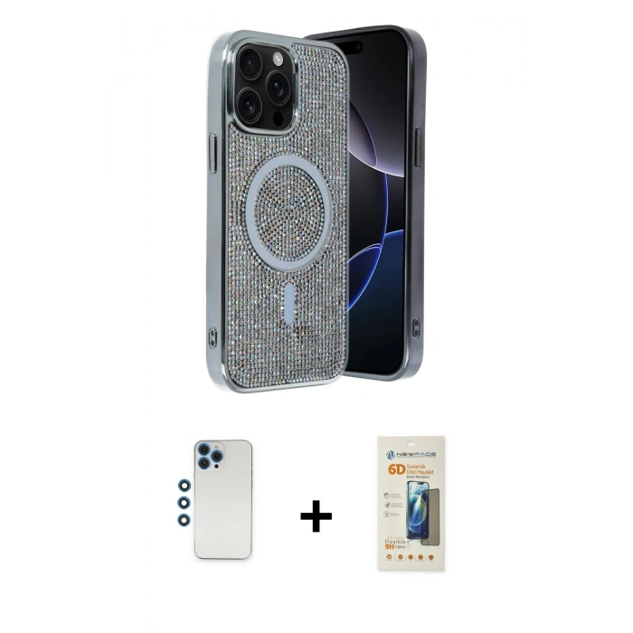 MARSİLYAN™- iPhone 12 Pro Kılıf Eksen Çizgi - Siyah 6D Mat Seramik Hayalet Nano Ekran Koruyucu + Mavi Shine Kamera Lens