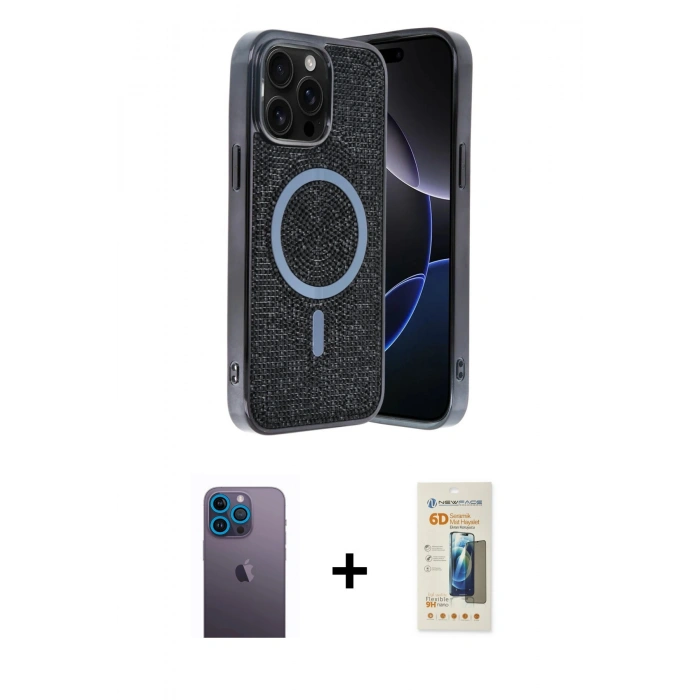 MARSİLYAN™- iPhone 12 Pro Kılıf Eksen Çizgi - Siyah 6D Mat Seramik Hayalet Nano Ekran Koruyucu + Neon Fosforlu Kamera Lens - MI