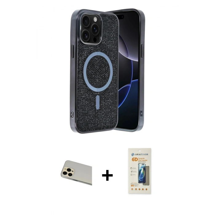 MARSİLYAN™- iPhone 12 Pro Kılıf Eksen Çizgi - Siyah 6D Mat Seramik Hayalet Nano Ekran Koruyucu + Rainbow Kamera Lens Koruma Cam - GD