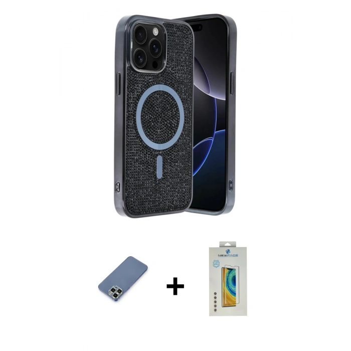MARSİLYAN™- iPhone 12 Pro Kılıf Eksen Çizgi - Siyah Polymer Nano Ekran Koruyucu + Metal Kamera Lens Koruma Cam - AKYL