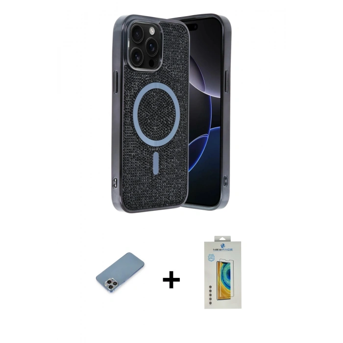 MARSİLYAN™- iPhone 12 Pro Kılıf Eksen Çizgi - Siyah Polymer Nano Ekran Koruyucu + Shine Kamera Lens Koruma Cam - GI
