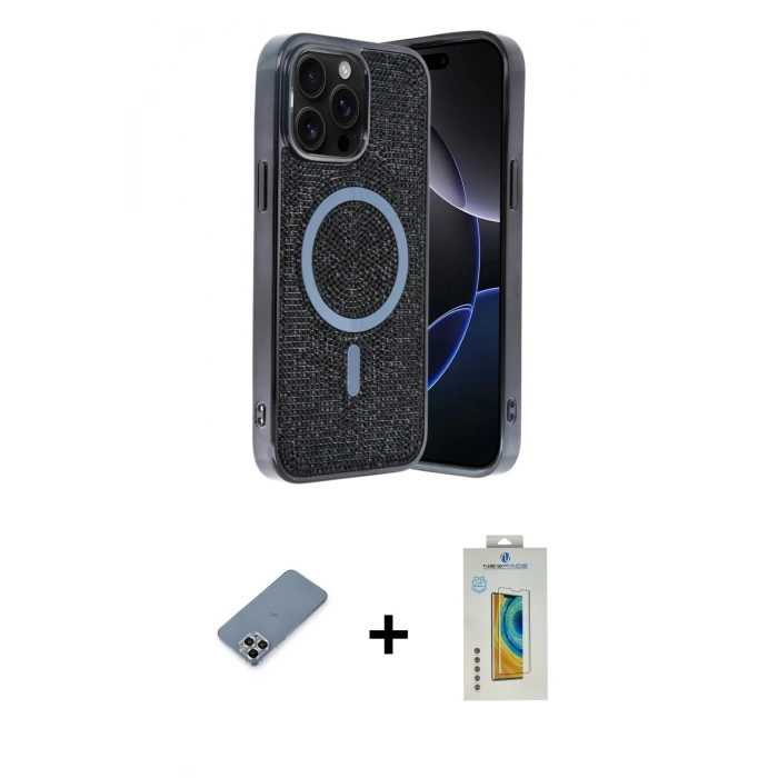 MARSİLYAN™- iPhone 12 Pro Kılıf Eksen Çizgi - Siyah Polymer Nano Ekran Koruyucu + Metal Kamera Lens Koruma Cam - GS