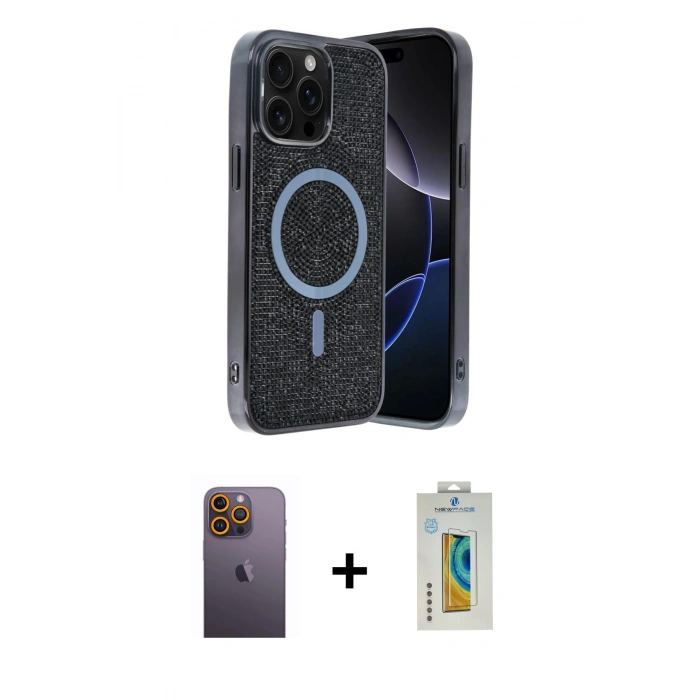 MARSİLYAN™- iPhone 12 Pro Kılıf Eksen Çizgi - Siyah Polymer Nano Ekran Koruyucu + Neon Fosforlu Kamera Lens - SI