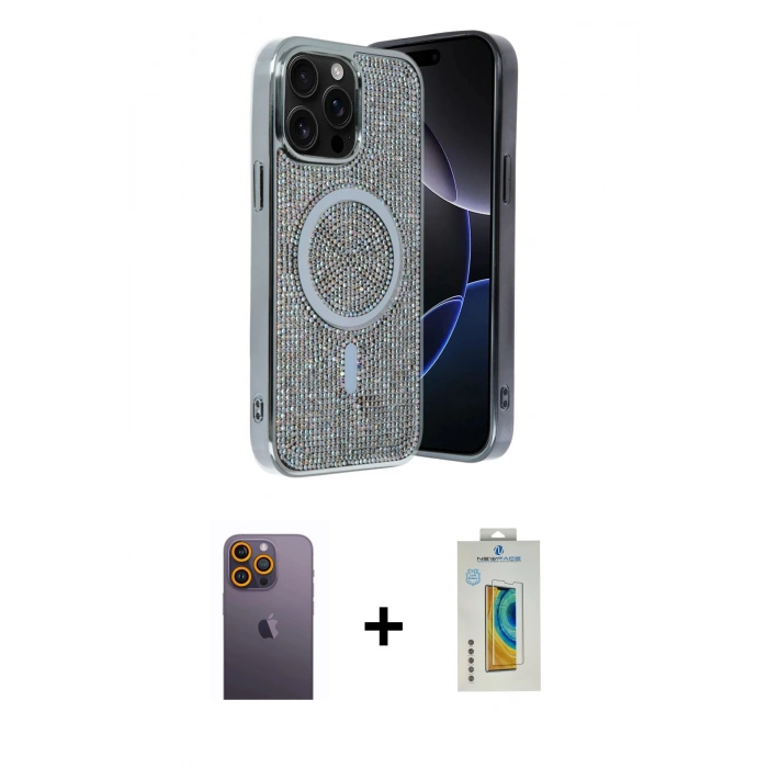 MARSİLYAN™- iPhone 12 Pro Kılıf Eksen Çizgi - Siyah Polymer Nano Ekran Koruyucu + Neon Fosforlu Kamera Lens - SI