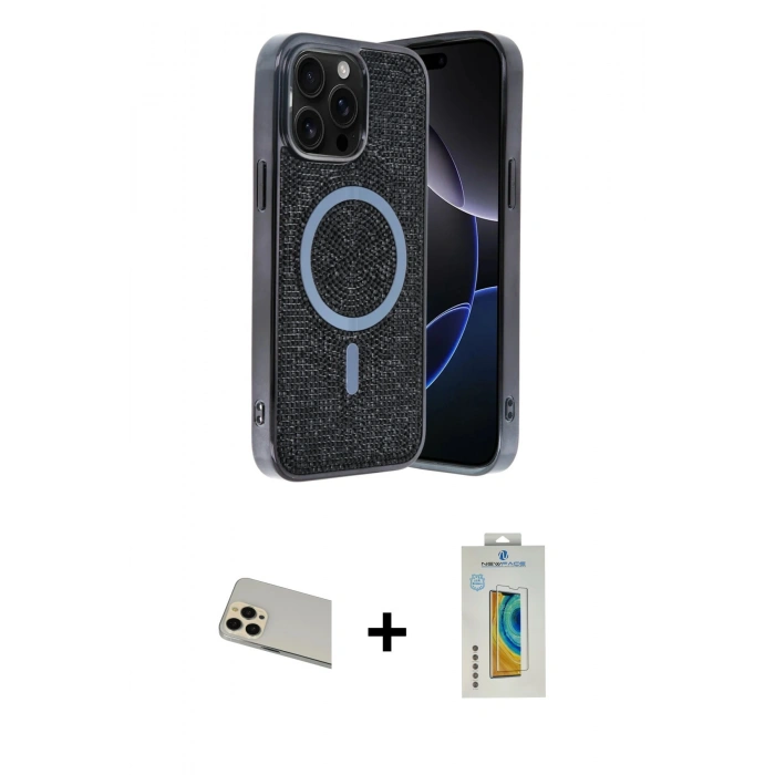 MARSİLYAN™- iPhone 12 Pro Kılıf Eksen Çizgi - Siyah Polymer Nano Ekran Koruyucu + Rainbow Kamera Lens Koruma Cam - GD