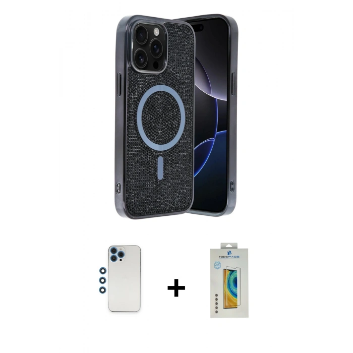 MARSİLYAN™- iPhone 12 Pro Kılıf Eksen Çizgi - Siyah Polymer Nano Ekran Koruyucu + Shine Kamera Lens - MI