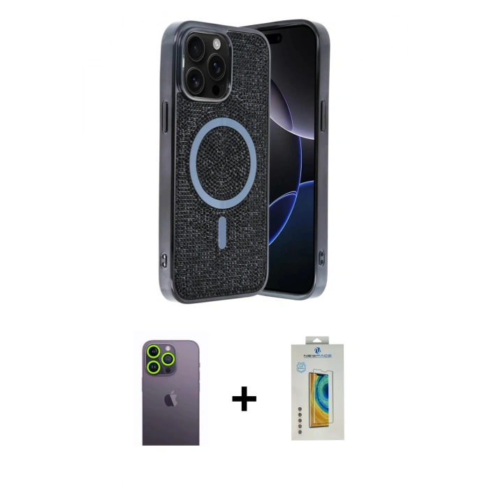 MARSİLYAN™- iPhone 12 Pro Kılıf Eksen Çizgi - Siyah Polymer Nano Ekran Koruyucu + Neon Fosforlu Kamera Lens - YL