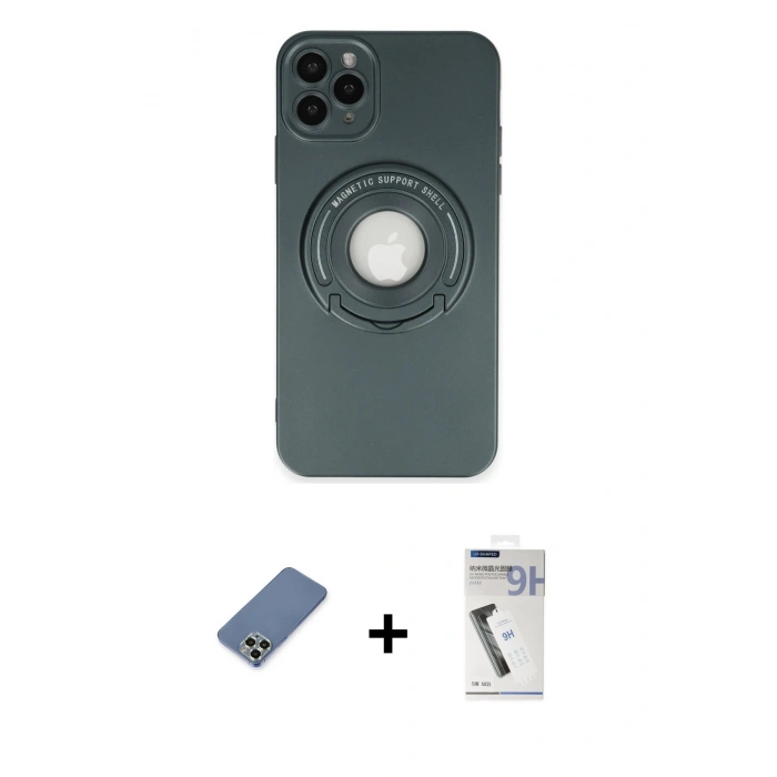 MARSİLYAN™- iPhone 12 Pro Kılıf Eksen Klasik Prime - Şeffaf Uv Polymer Nano Ekran Koruyucu + Açık Yeşil Metal Kamera Lens Koruma Cam
