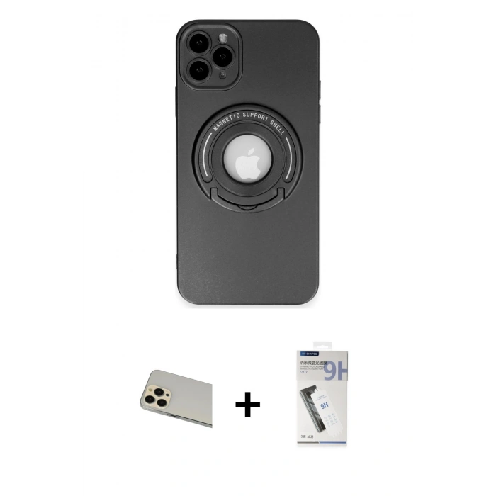 MARSİLYAN™- iPhone 12 Pro Kılıf Eksen Klasik Prime - Şeffaf Uv Polymer Nano Ekran Koruyucu + Gold Rainbow Kamera Lens Koruma Cam