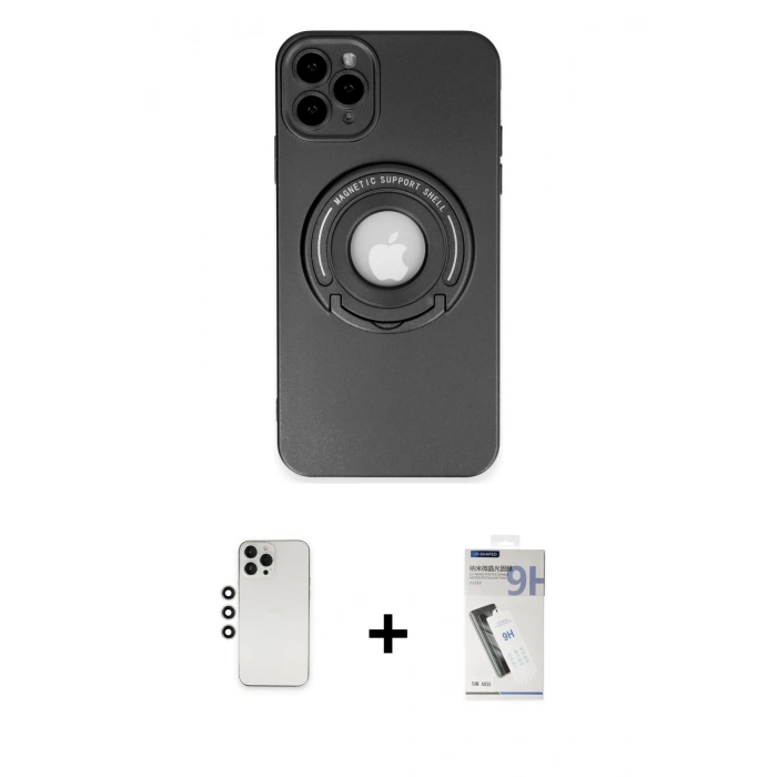 MARSİLYAN™- iPhone 12 Pro Kılıf Eksen Klasik Prime - Şeffaf Uv Polymer Nano Ekran Koruyucu + Shine Kamera Lens - GS