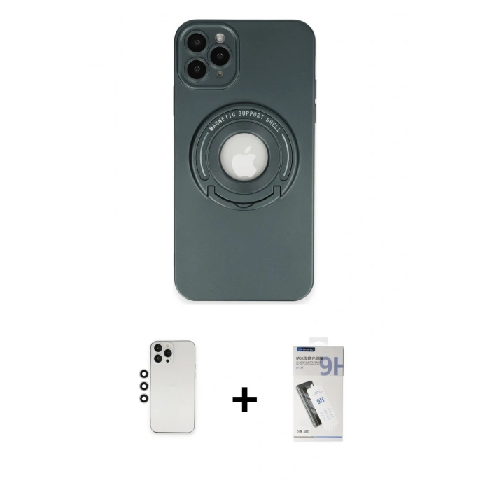 MARSİLYAN™- iPhone 12 Pro Kılıf Eksen Klasik Prime - Şeffaf Uv Polymer Nano Ekran Koruyucu + Shine Kamera Lens - GS