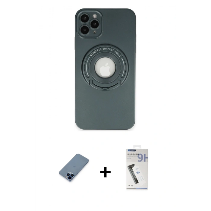 MARSİLYAN™- iPhone 12 Pro Kılıf Eksen Klasik Prime - Şeffaf Uv Polymer Nano Ekran Koruyucu + Mavi Metal Kamera Lens Koruma Cam