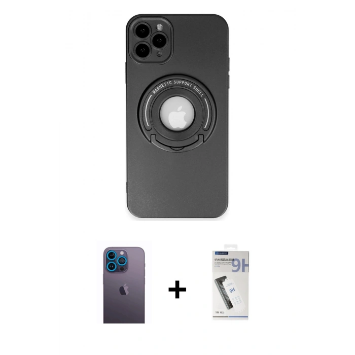MARSİLYAN™- iPhone 12 Pro Kılıf Eksen Klasik Prime - Şeffaf Uv Polymer Nano Ekran Koruyucu + Neon Fosforlu Kamera Lens - MI
