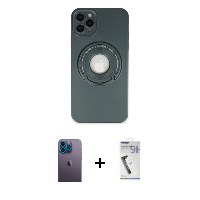 MARSİLYAN™- iPhone 12 Pro Kılıf Eksen Klasik Prime - Şeffaf Uv Polymer Nano Ekran Koruyucu + Neon Fosforlu Kamera Lens - MI