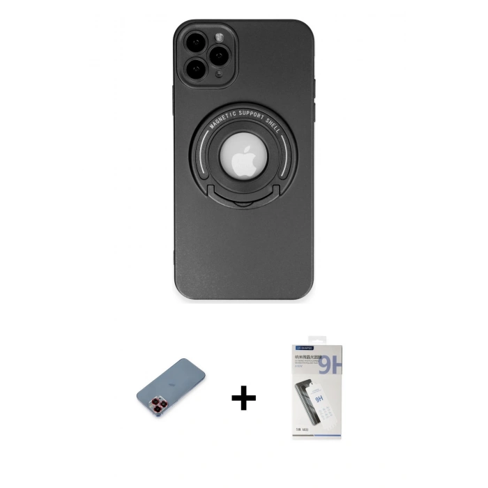 MARSİLYAN™- iPhone 12 Pro Kılıf Eksen Klasik Prime - Şeffaf Uv Polymer Nano Ekran Koruyucu + Metal Kamera Lens Koruma Cam - KI