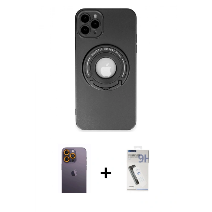 MARSİLYAN™- iPhone 12 Pro Kılıf Eksen Klasik Prime - Şeffaf Uv Polymer Nano Ekran Koruyucu + Neon Fosforlu Kamera Lens - SI