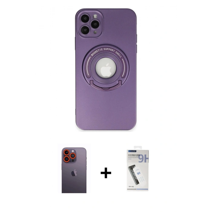 MARSİLYAN™- iPhone 12 Pro Kılıf Eksen Klasik Prime - Şeffaf Uv Polymer Nano Ekran Koruyucu + Neon Fosforlu Kamera Lens - TU