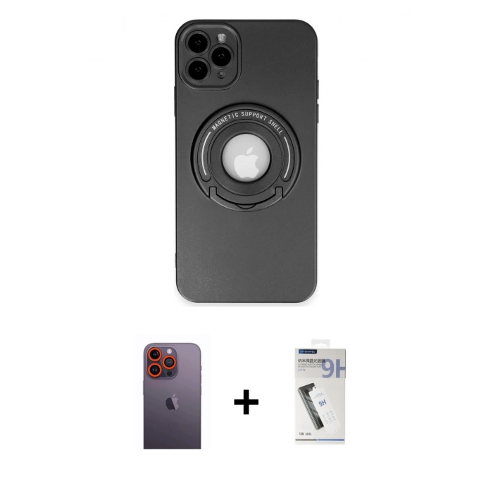 MARSİLYAN™- iPhone 12 Pro Kılıf Eksen Klasik Prime - Şeffaf Uv Polymer Nano Ekran Koruyucu + Neon Fosforlu Kamera Lens - TU