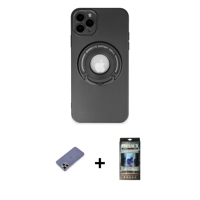 MARSİLYAN™- iPhone 12 Pro Kılıf Eksen Klasik Prime - Siyah 34D Hayalet Izgaralı Cam + Metal Kamera Lens Koruma Cam - GD